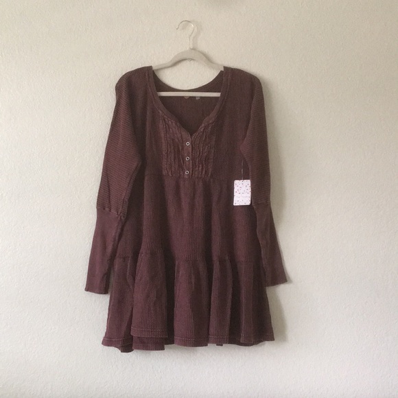 Free People Jolene Mini Dress FP One Babydoll Thermal Oversized Wine - Picture 15 of 15